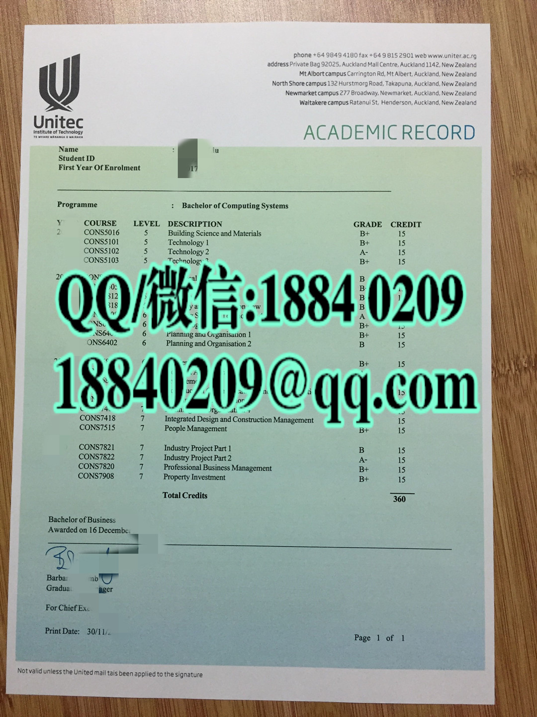 新西兰unitec理工学院成绩单，UNITEC INSTITUTE OF TECHNOLOGY transcript