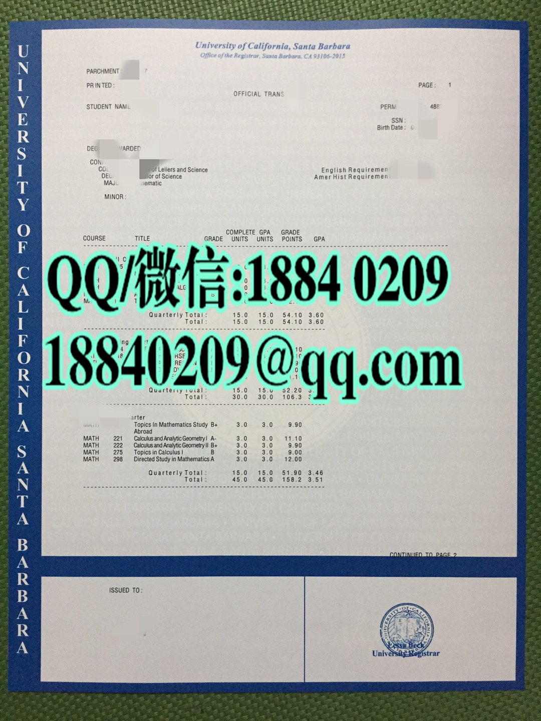 加利福尼亚大学圣塔芭芭拉分校成绩单，加州大学圣芭芭拉分校成绩单，美国UCSB毕业证样本