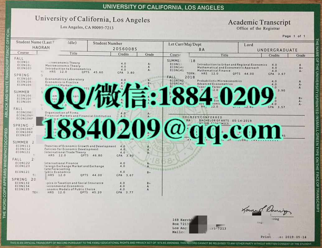 美国大学成绩单GPA修改制作，加州大学洛杉矶分校成绩单样本