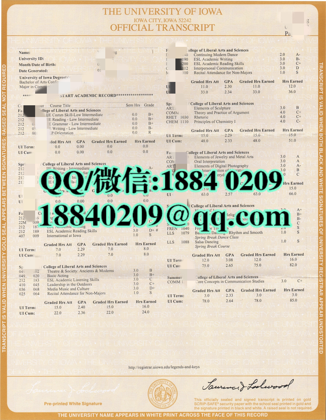 美国爱荷华大学The University of Iowa成绩单，爱荷华大学成绩单University of Iowa diploma transcript