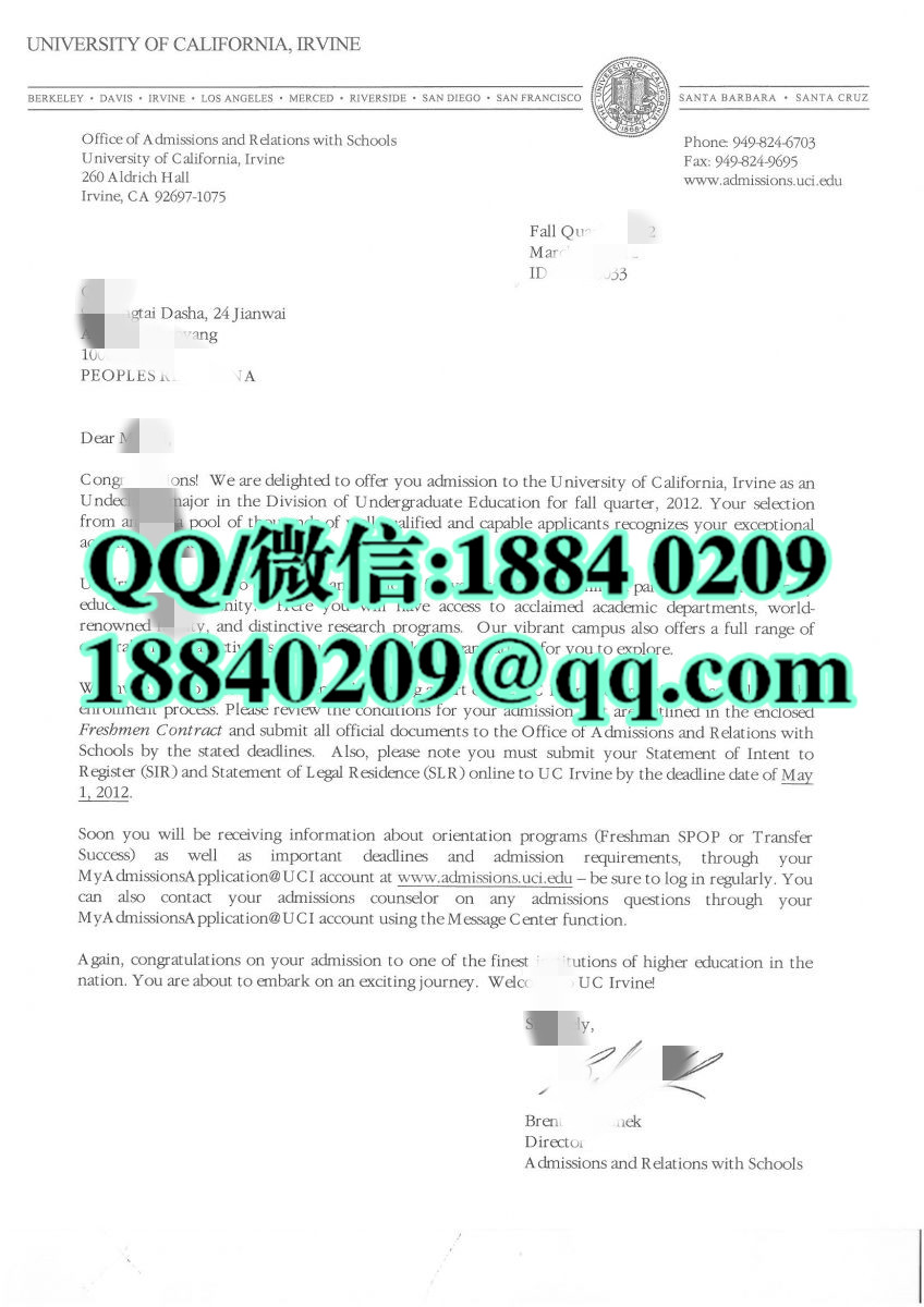 加利福尼亚大学欧文分校录取通知书，美国UCI大学本科录取通知书样本