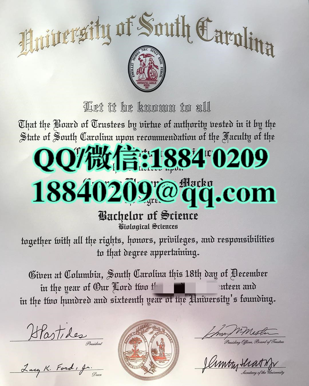 美国南卡罗来纳大学毕业证，university of southern carolina diploma