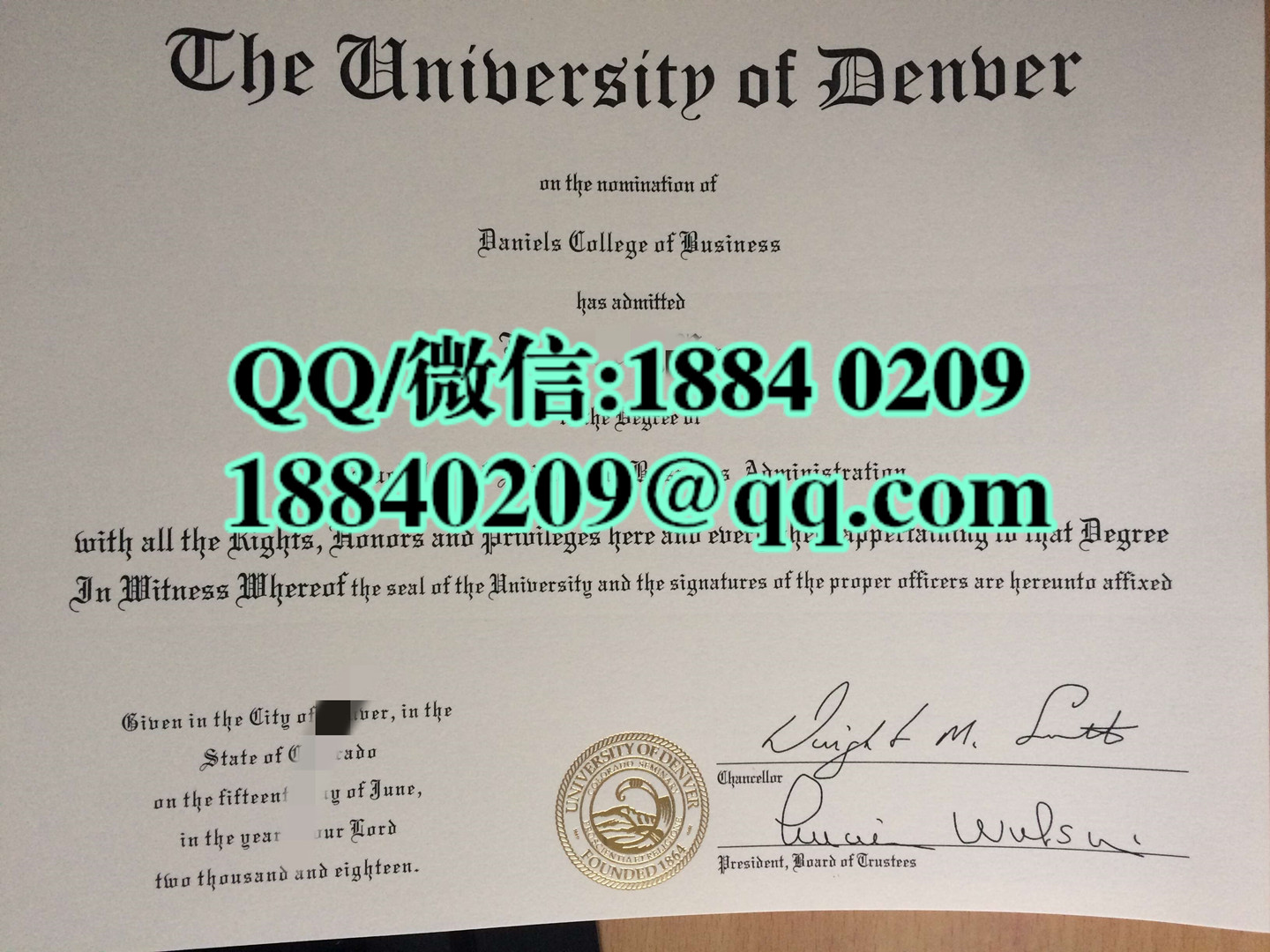 美国丹佛大学文凭样本，美国丹佛大学毕业证模版，University of Denver diploma