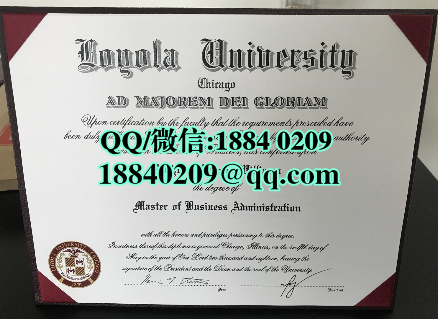 美国芝加哥洛约拉大学硕士毕业证样本，Loyola University Chicago diploma