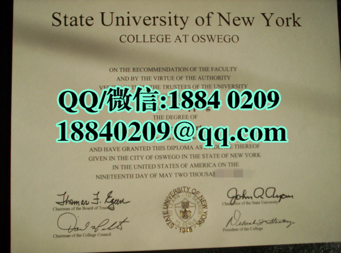 美国纽约州立大学奥斯威戈分校毕业证，State University of New York at Oswego Diploma