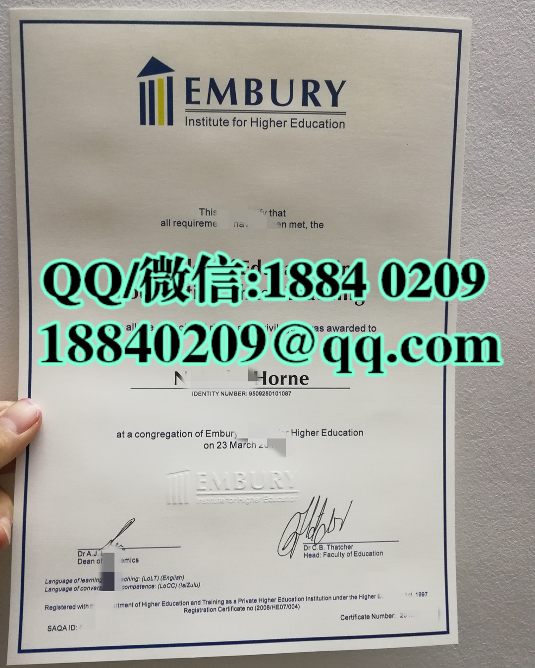 Embury Institute for Higher Education diploma,