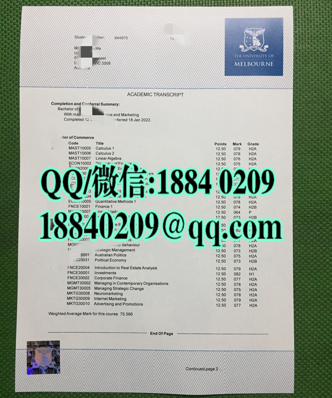 制作墨尔本大学成绩单，墨尔本大学成绩单防伪赏析The University of Melbourne transcript