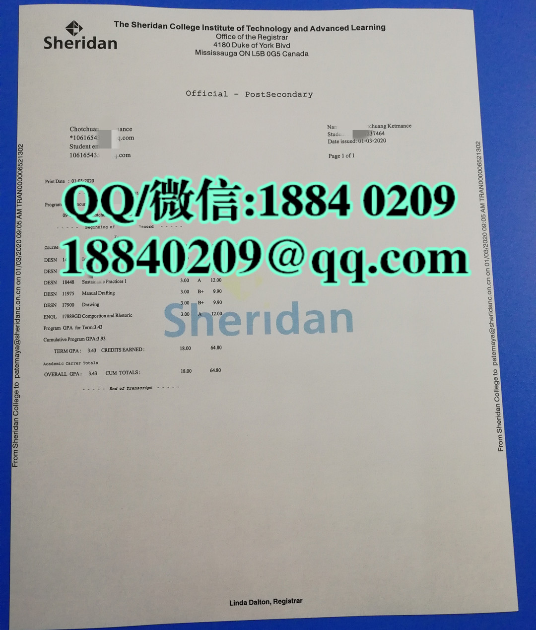 加拿大雪尔顿学院成绩单，Sheridan College transcript