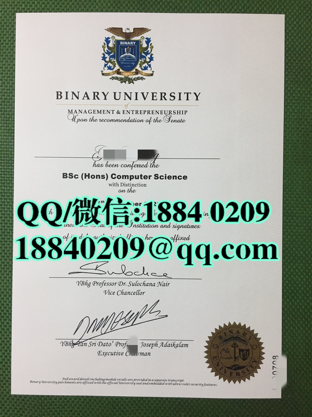 马来西亚百纳利大学毕业证样本，Binary University diploma