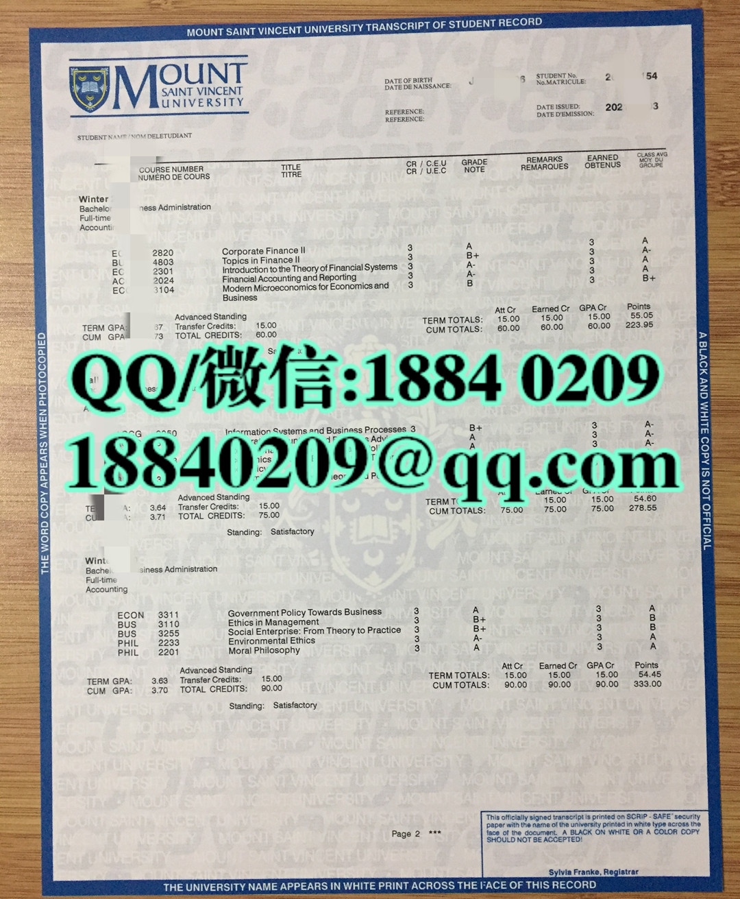 制作加拿大蒙特圣文森大学Mount Saint Vincent University成绩单，加拿大成绩单模版