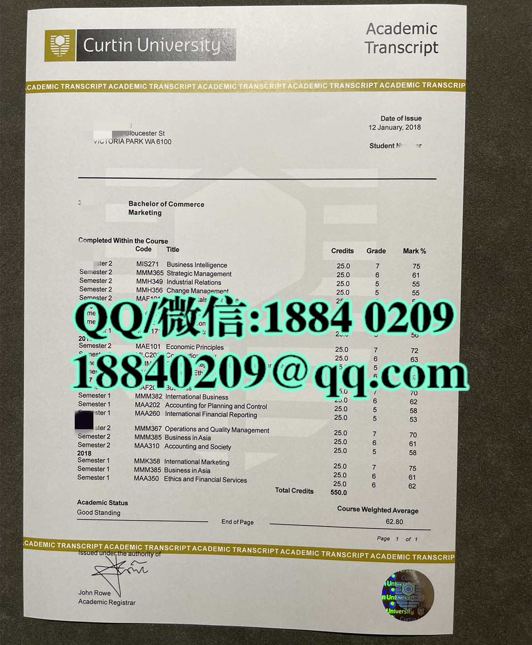 2018年澳洲科廷大学成绩单防伪，Curtin University transcript