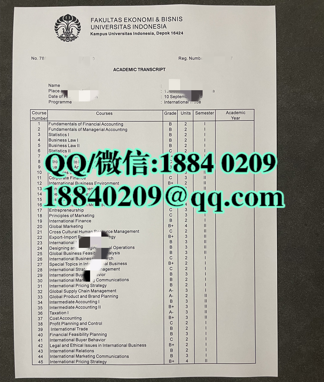 印度尼西亚大学成绩单样本，University of Indonesia transcript