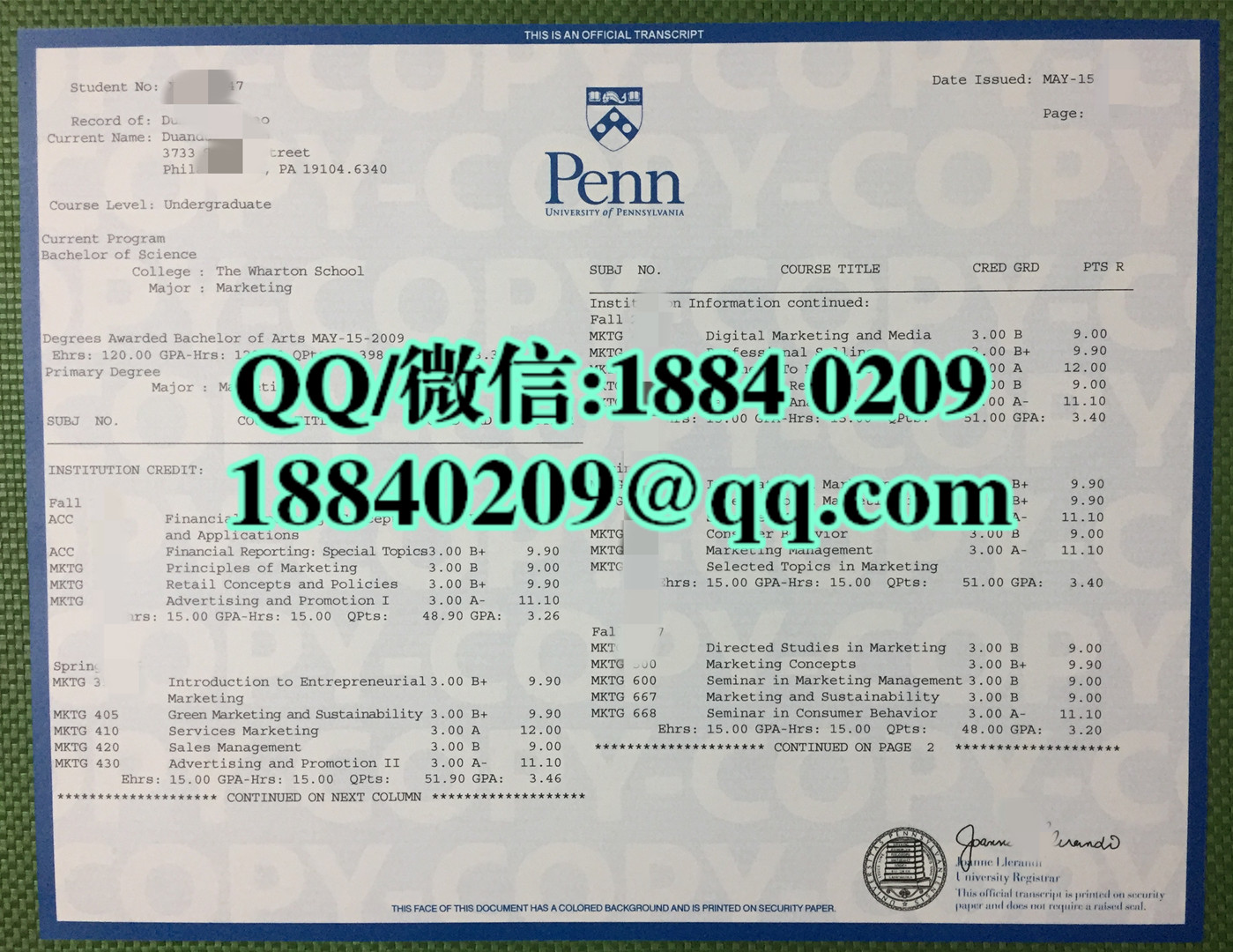 美国宾夕法尼亚大学成绩单，university of peensylvania transcript