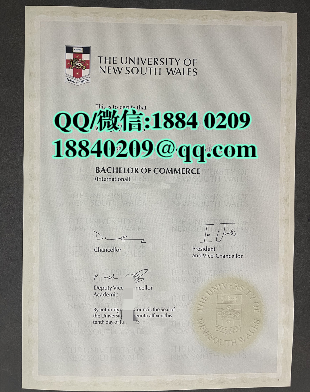 澳洲新南威尔士州大学本科商学士学位毕业证，University of New South Wales Bachelor of commerce degree