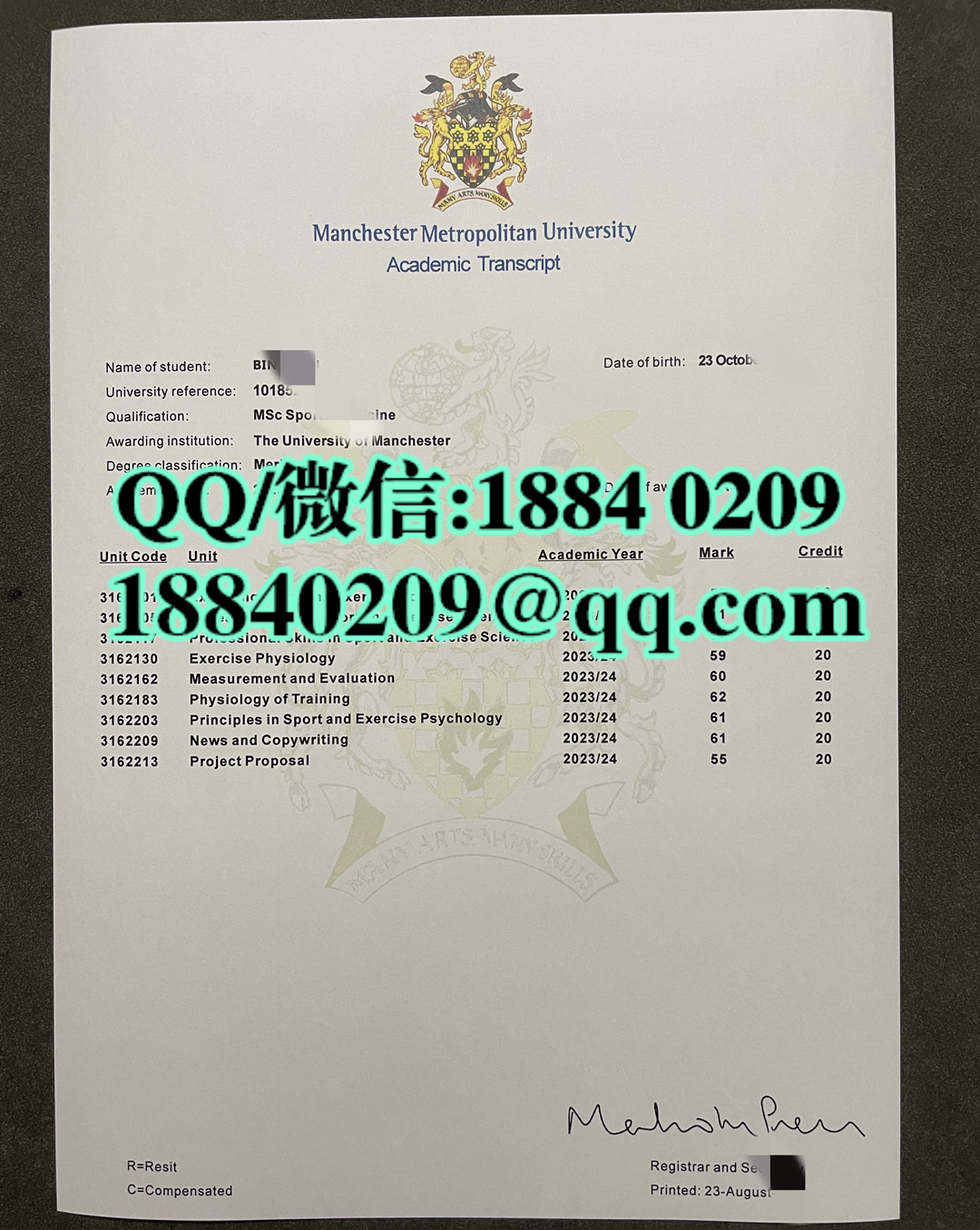 英国曼彻斯特城市大学成绩单，Manchester Metropolitan University transcript