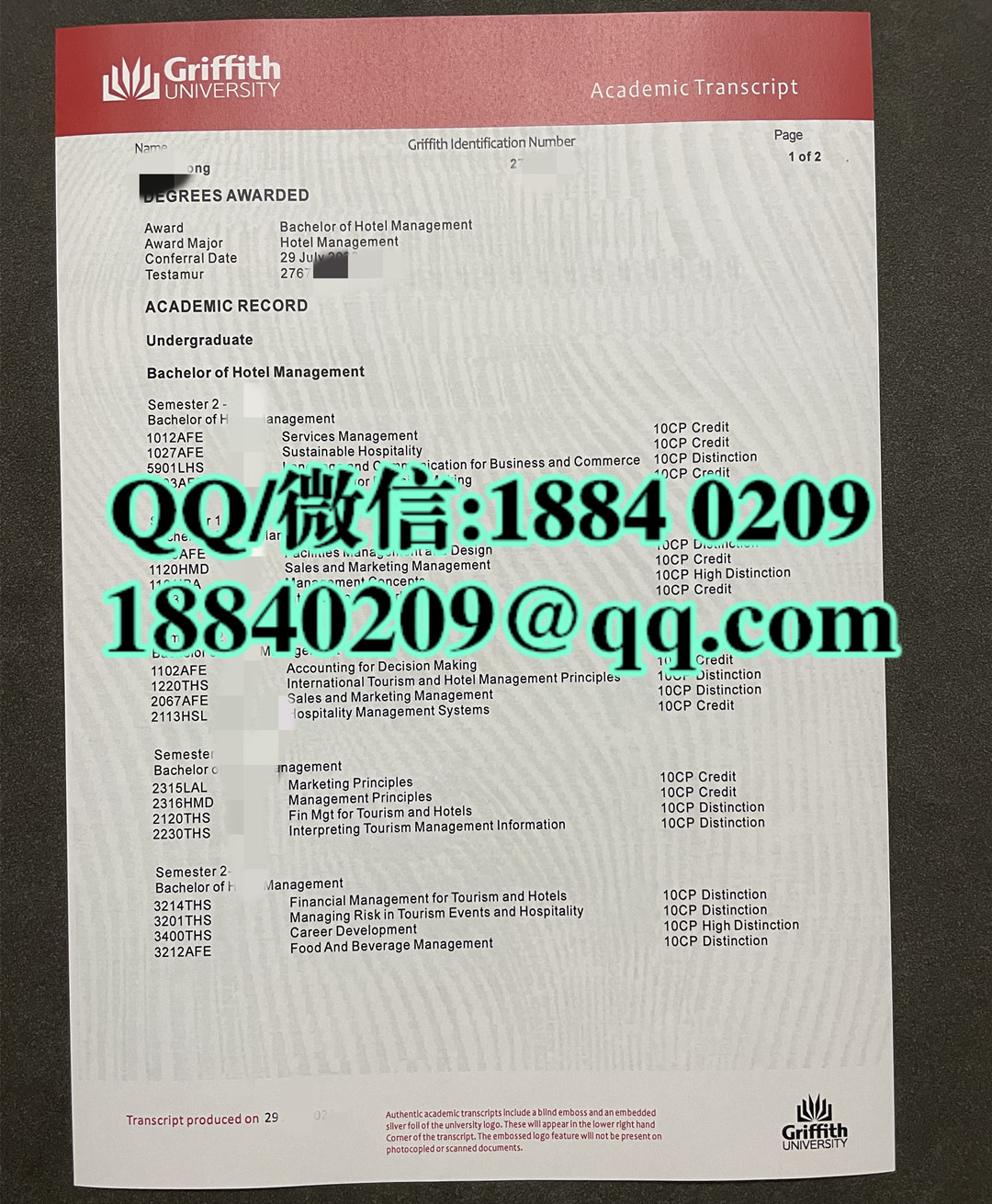 澳洲格里菲斯大学酒店管理成绩单专业成绩单，Griffith University Hospitality management transcript