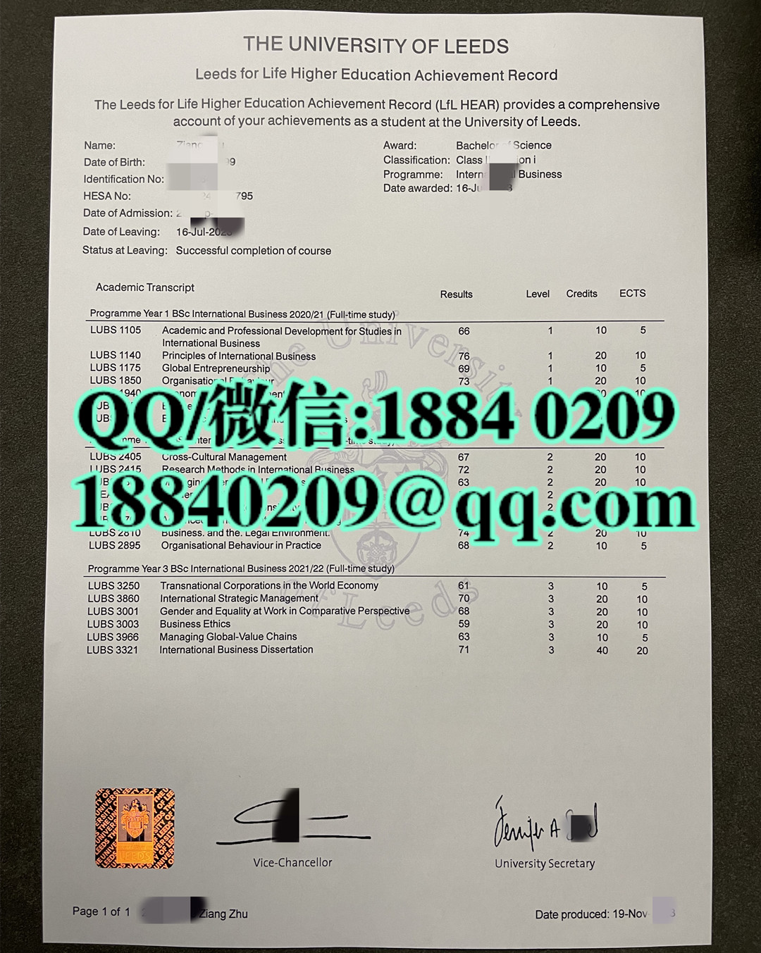 英国利兹大学成绩单，University of Leeds transcript
