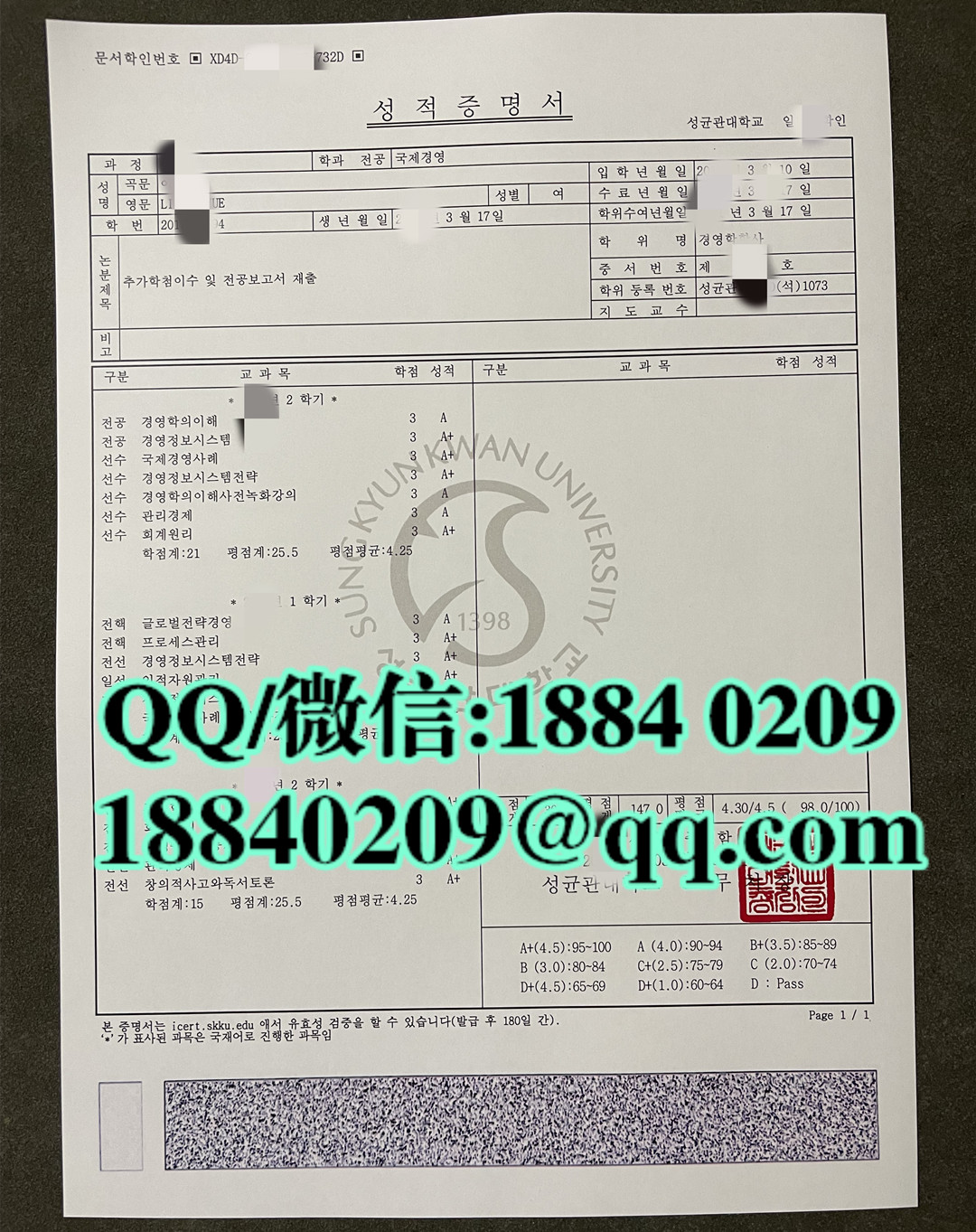 韩国成均馆大学成绩单样本，sungkunkwan University transcript