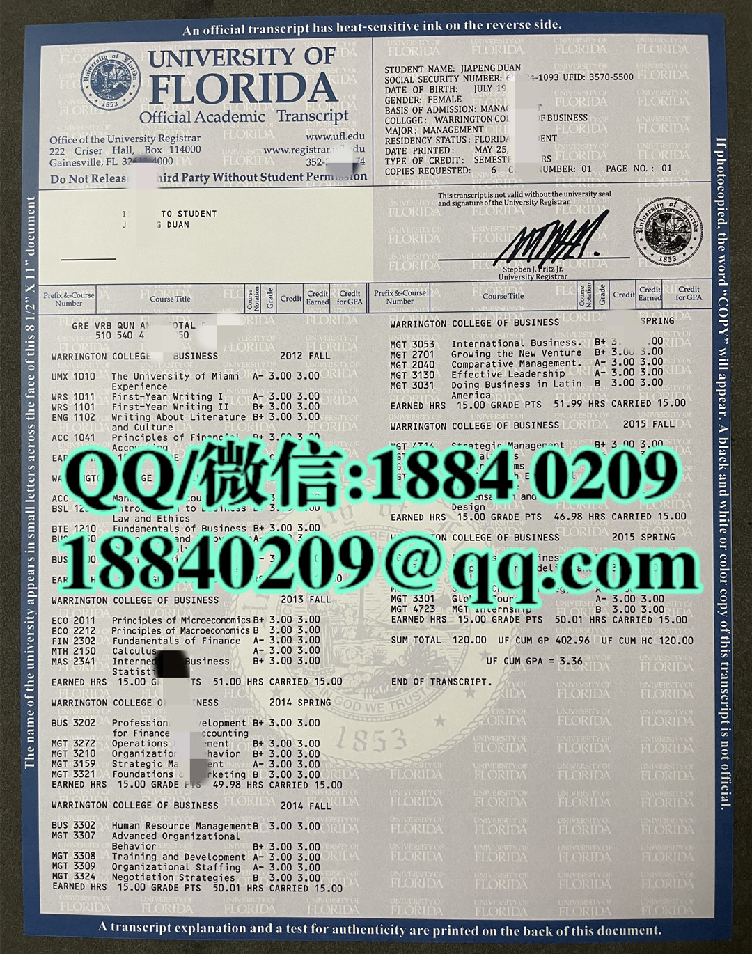 美国佛罗里达大学成绩单，University of Florida transcript