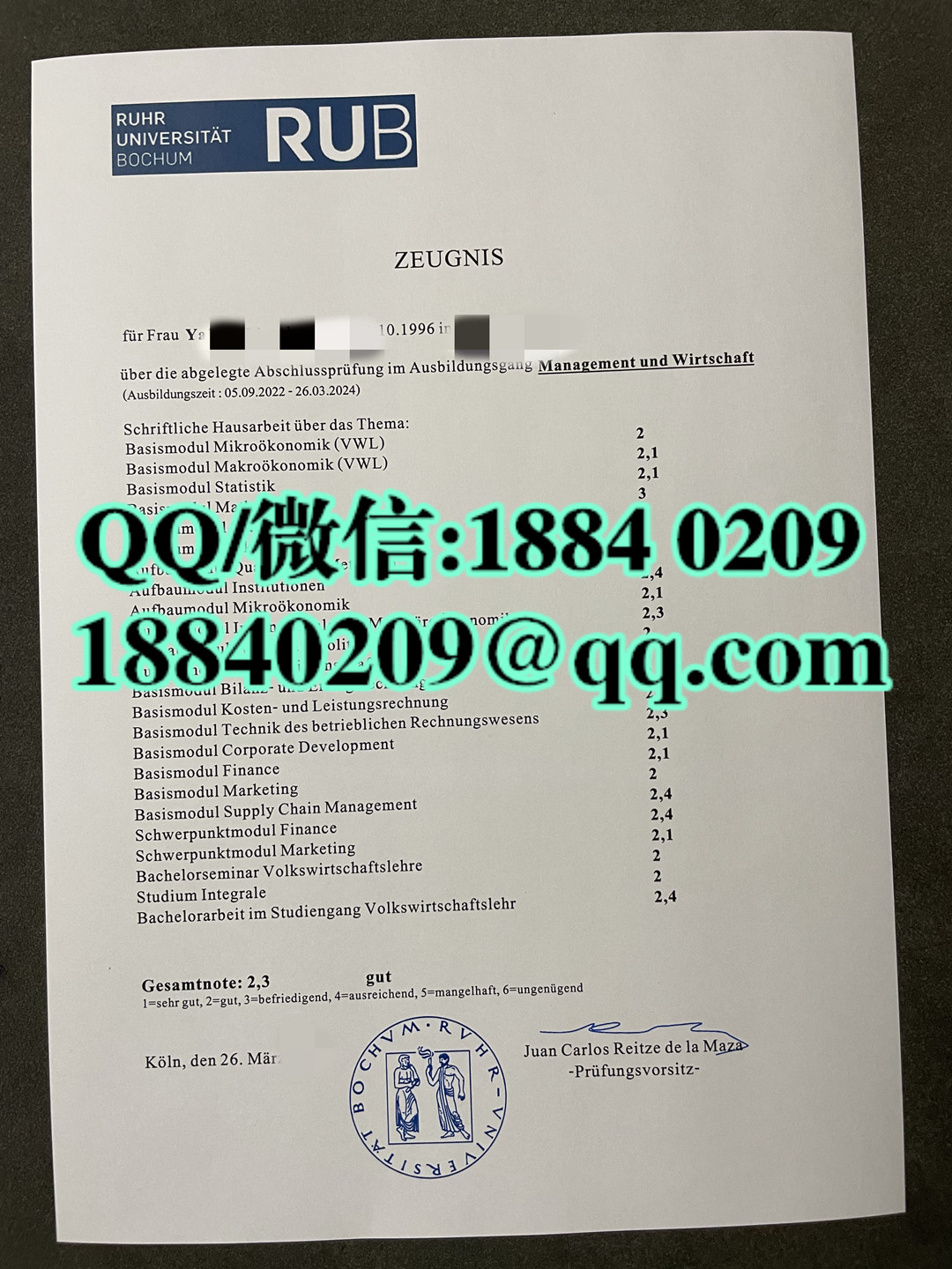 德国波鸿鲁尔大学rub大学成绩单，Ruhr University Bochum transcript