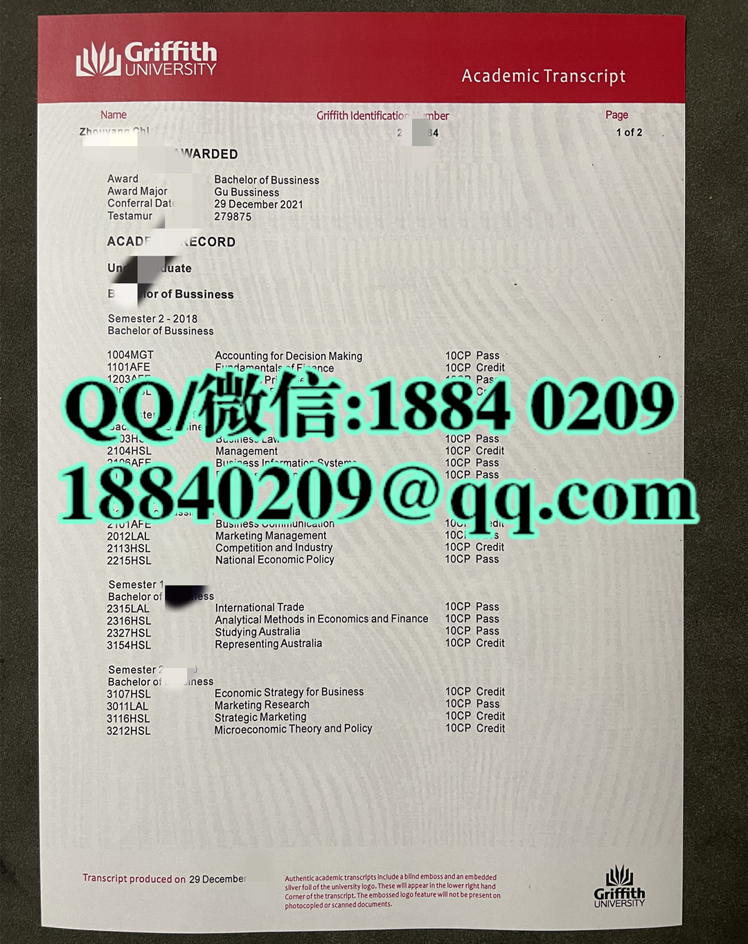 澳洲格里菲斯大学成绩单，Griffith University transcript