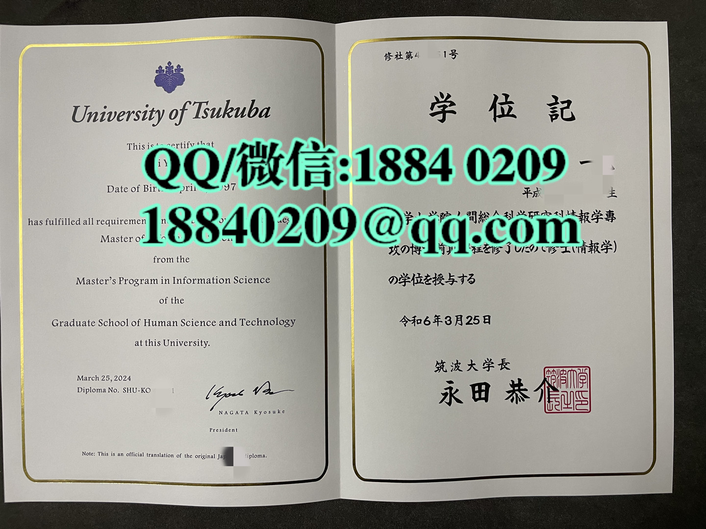 日本筑波大学学位记，日本筑波大学毕业证，日本筑波大学文凭样本