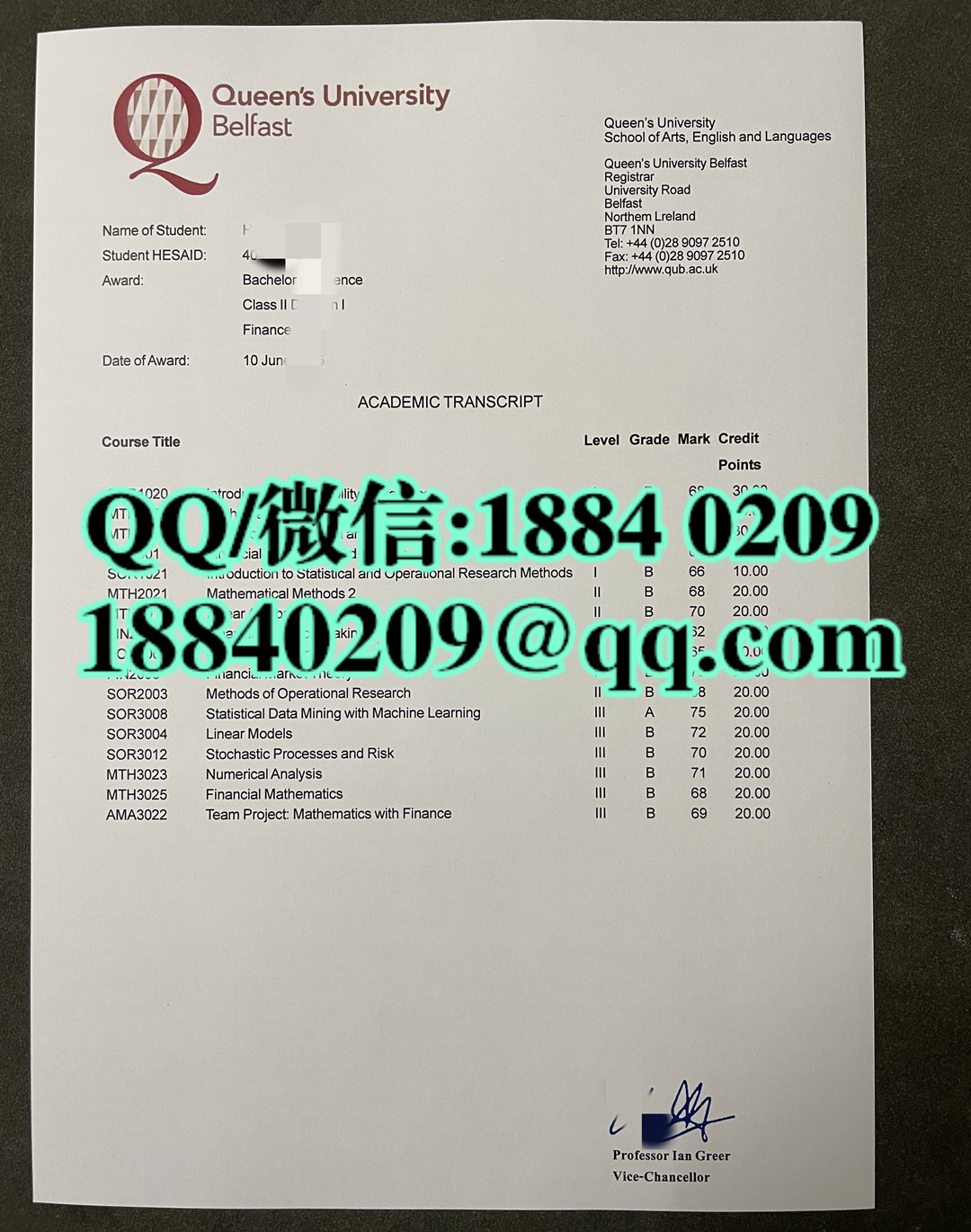 英国贝尔法斯特女王大学成绩单，Queen's University Belfast transcript