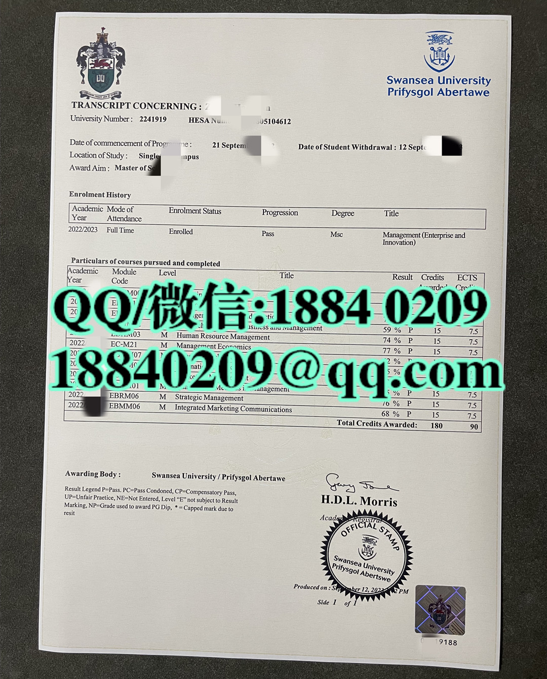 英国斯旺西大学成绩单，Swansea University transcript