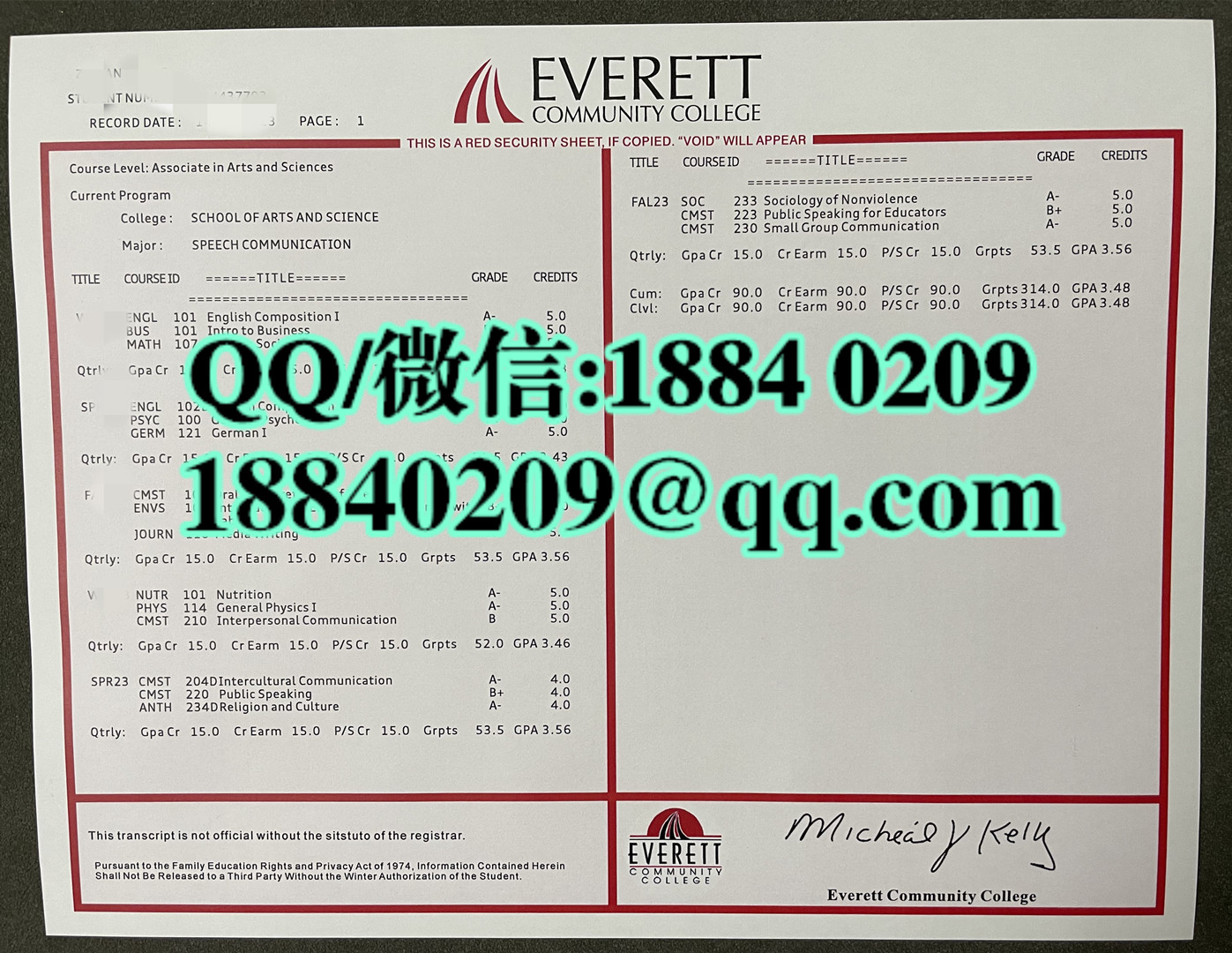美国埃弗里特社区学院成绩单，Everett Community College transcript