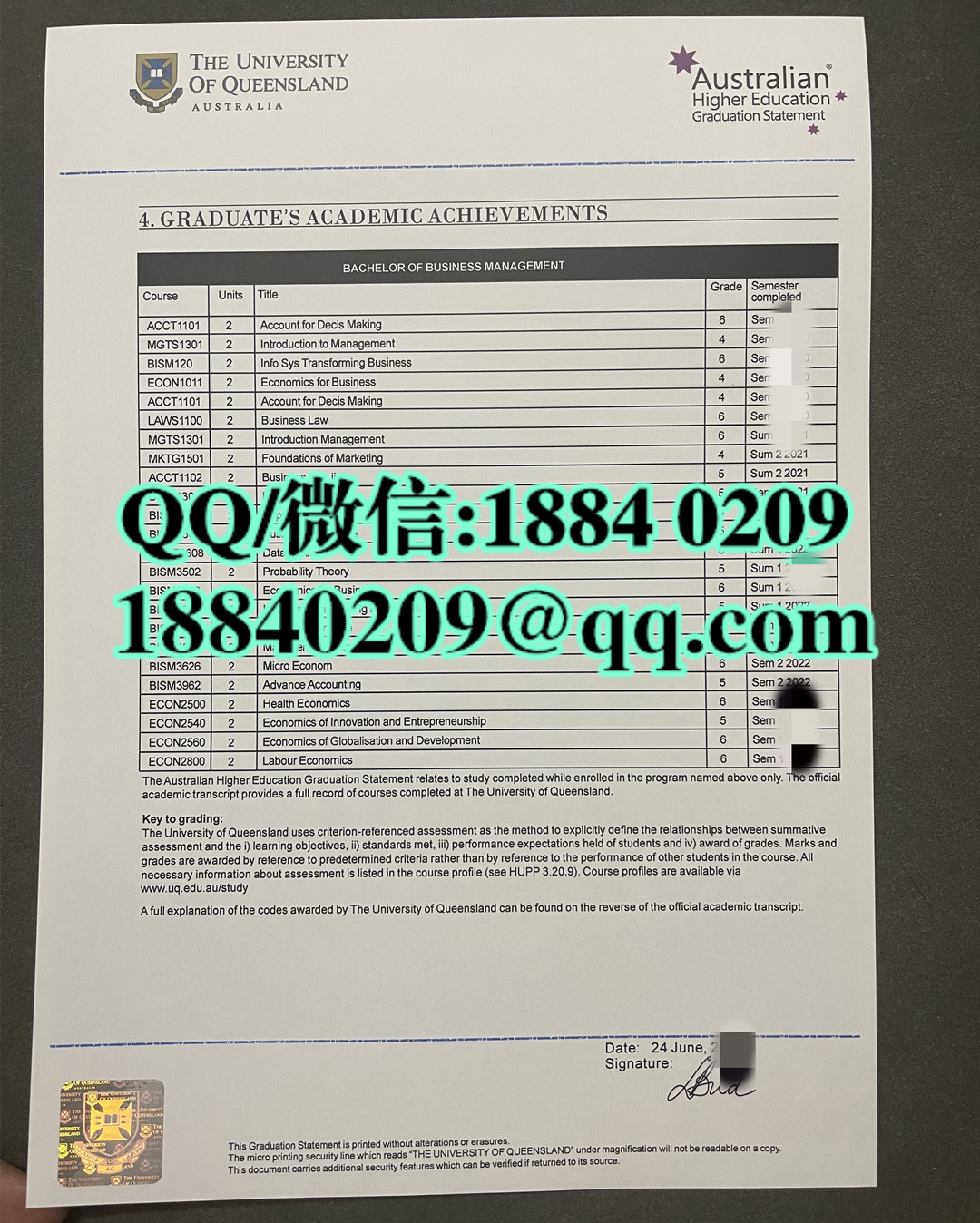 澳洲昆士兰大学成绩单，University of Queensland transcript