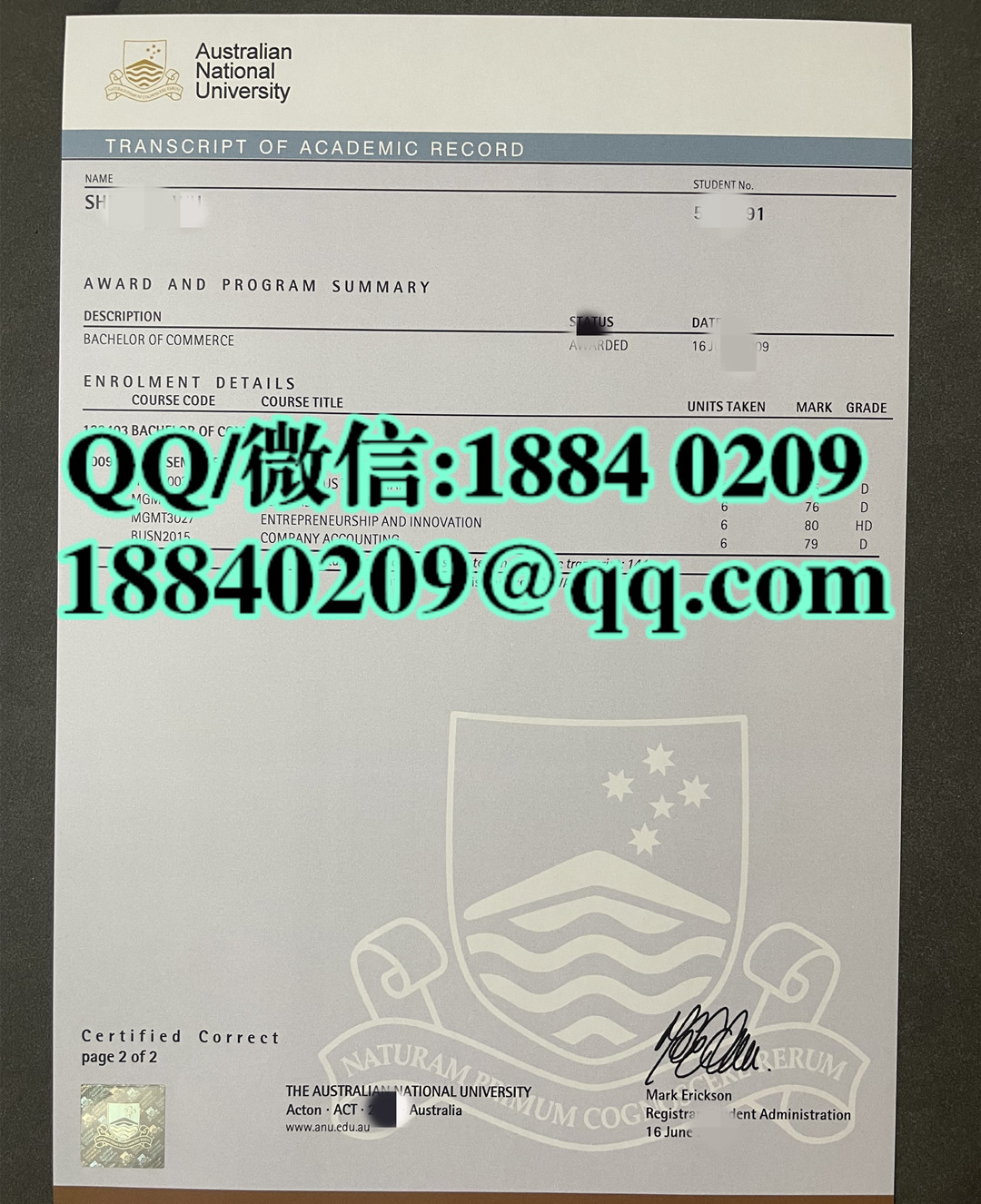 澳洲国立大学成绩单，澳洲国立大学成绩单学分修改Australian National University transcript