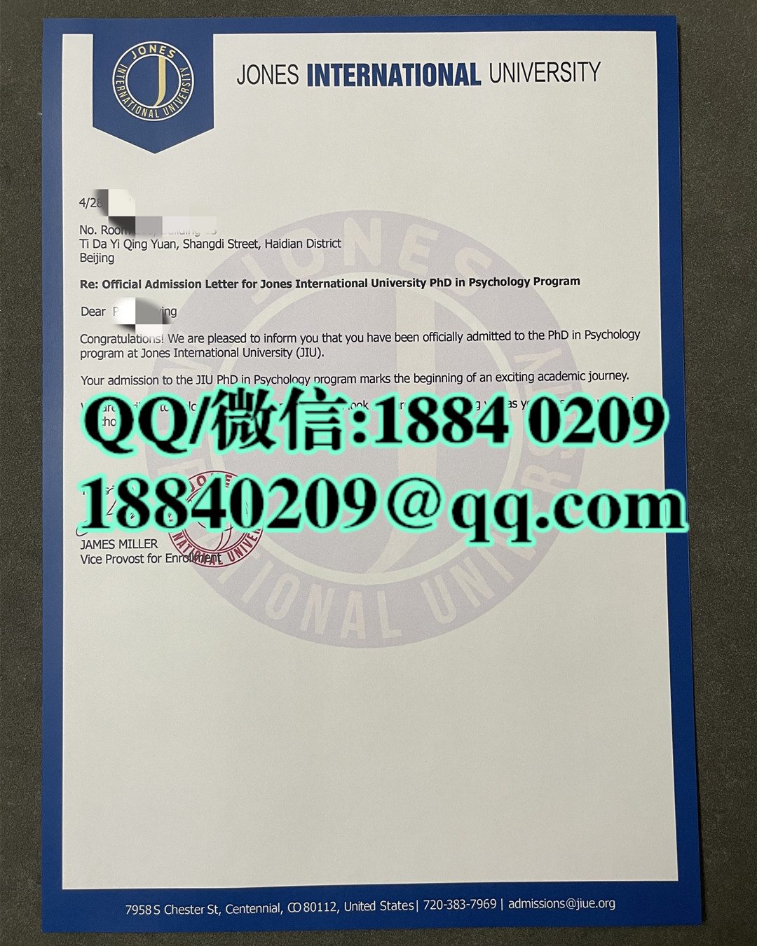 美国琼斯国际大学录取通知书，jones international university diploma degree offer