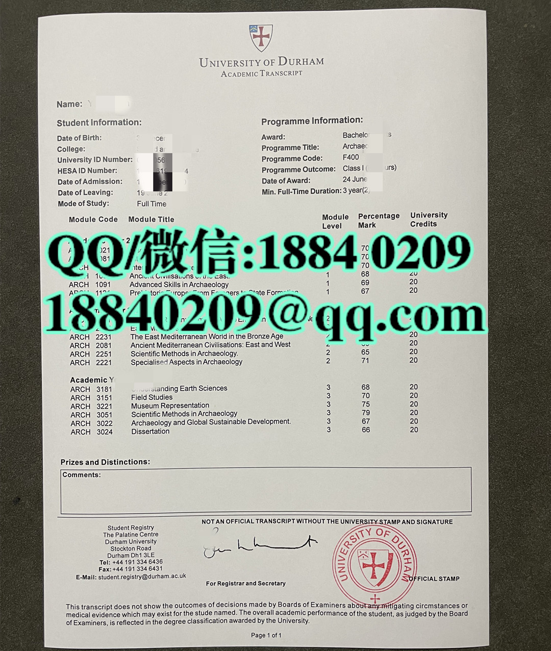 英国杜伦大学成绩单，durham university transcript