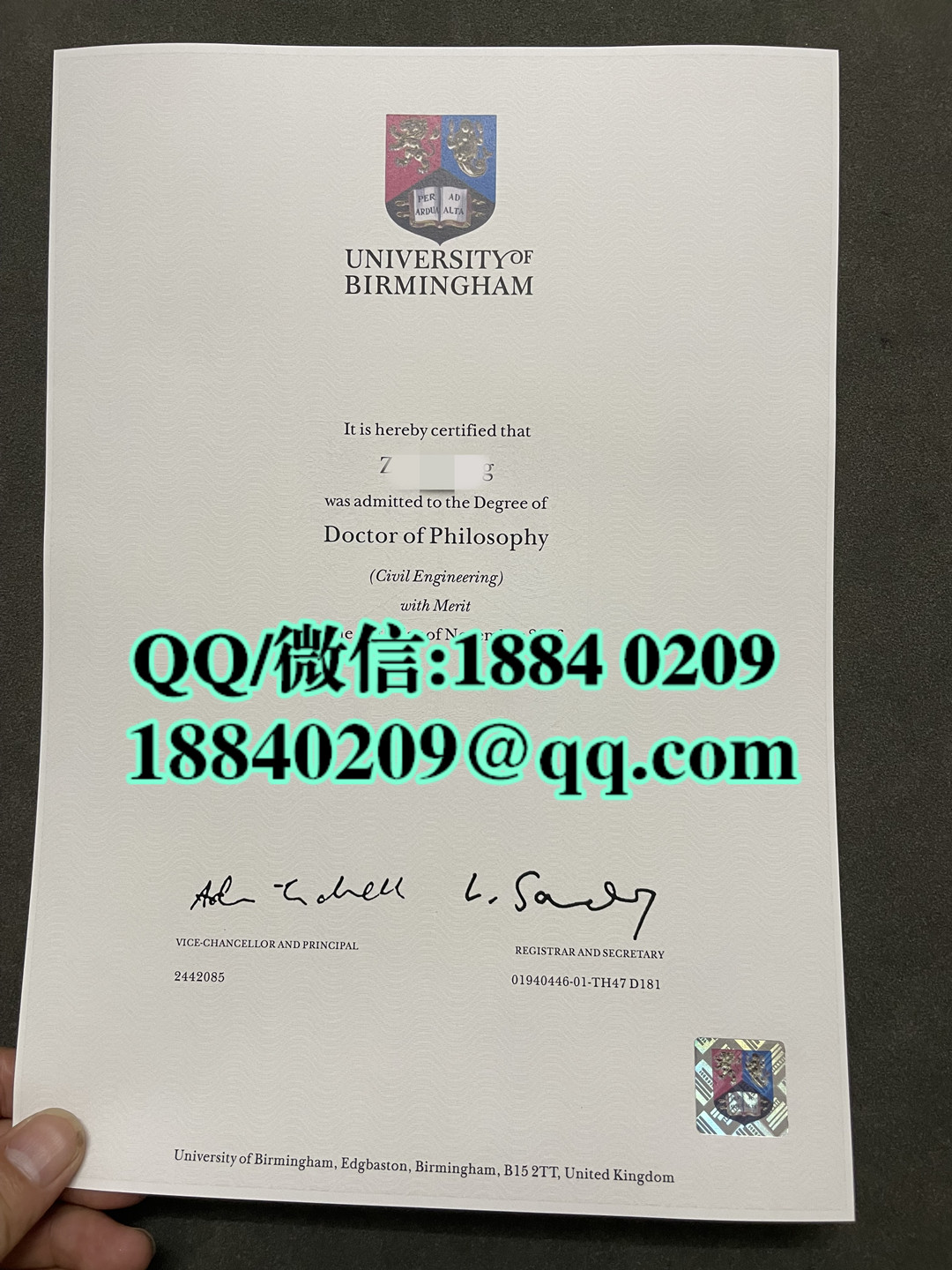 英国伯明翰大学博士学位证毕业证，University of Birmingham Doctor degree