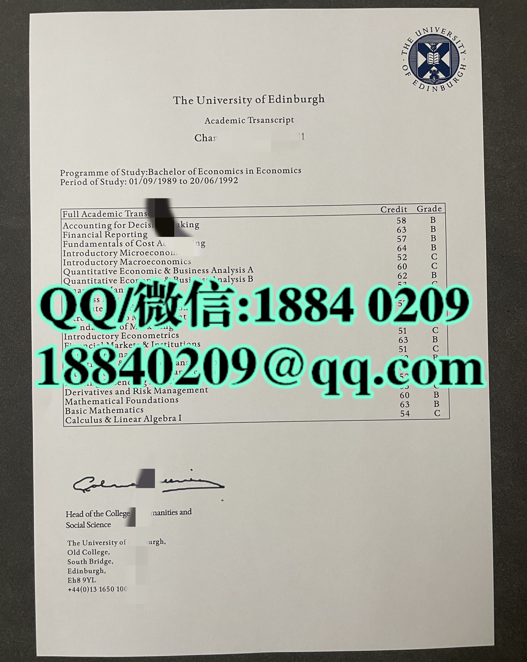 旧版本英国爱丁堡大学成绩单，University of Edinburgh transcript