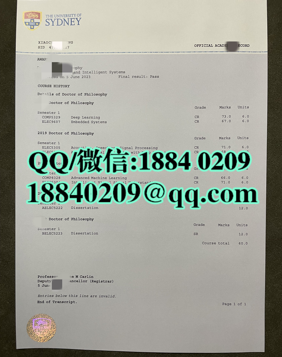 悉尼大学成绩单，University of Sydney transcript