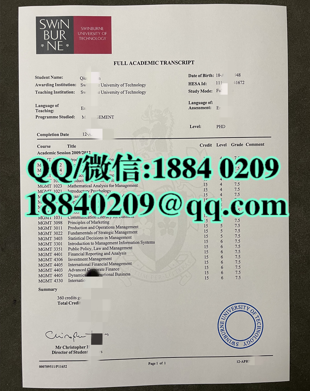 澳洲斯威本科技大学成绩单，swinburne university of technology transcript