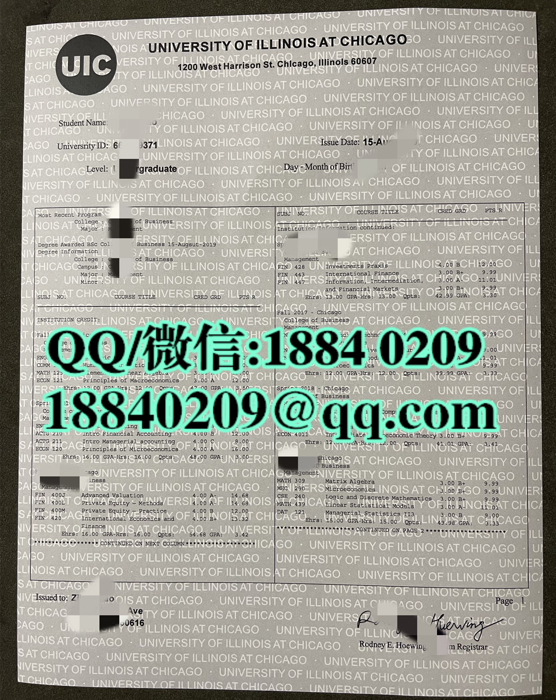美国伊利诺伊大学芝加哥分校成绩单，University of Illinois Chicago transcript